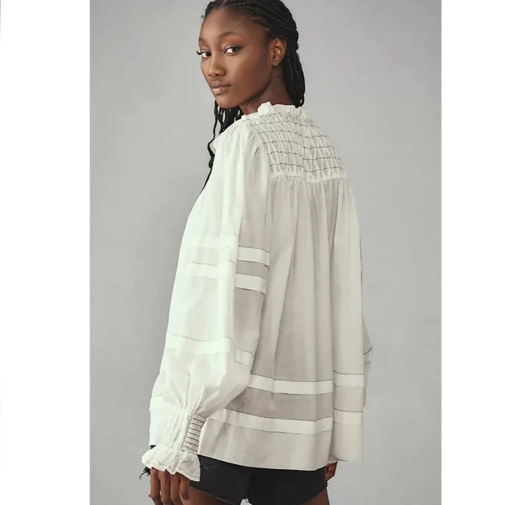 Anthropologie Blouse White Cotton‎ Smocked Peasant Long Sleeve